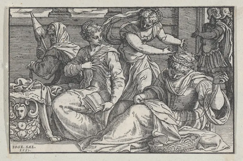 Lucretia instructing her daughters in needlework from Giovanni Ostaus's, La vera perfettione del disegno di varie sorte di recami (Venice, 1557) Wall Art by Giuseppe Salviati (Giuseppe Porta, called Il Salviati) - High-Resolution Digital Print