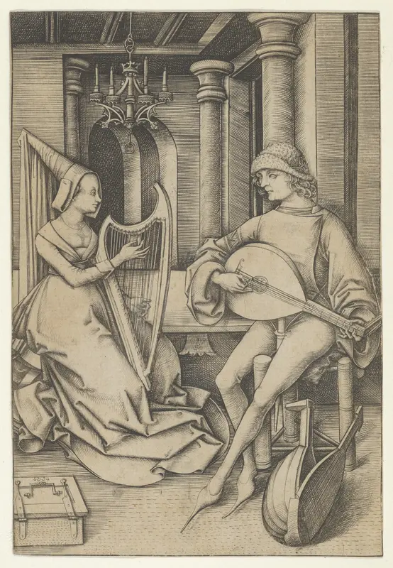 Lute Player and Harpist, from Scenes of Daily Life Wall Art by Israhel van Meckenem - High-Resolution Digital Print