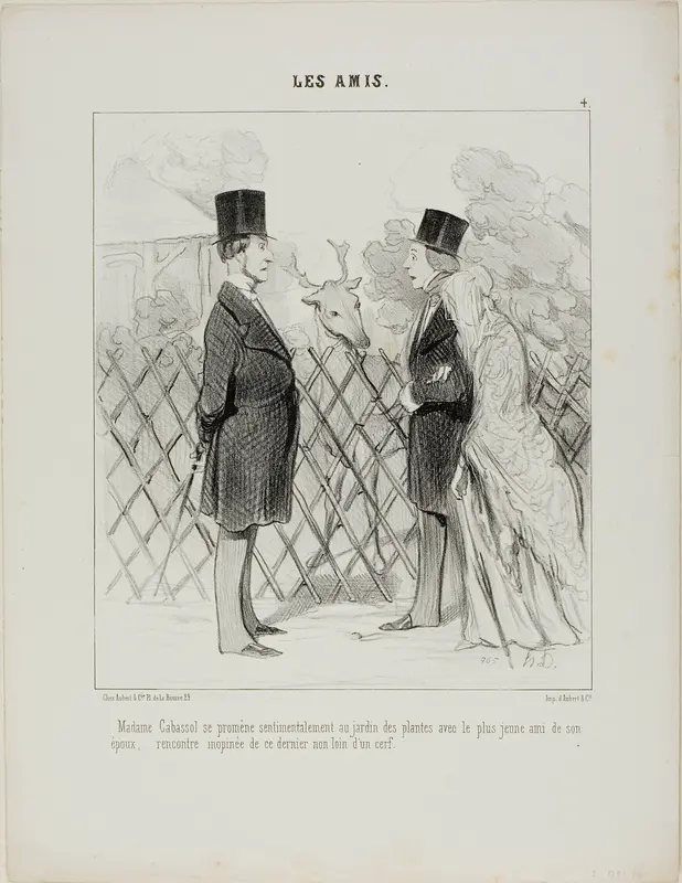 Madame Cabassol going for a romantic stroll in the botanical gardens together with the youngest friend of her husband's. Sudden encounter with the latter not far from a stag, plate 4 from Les Amis