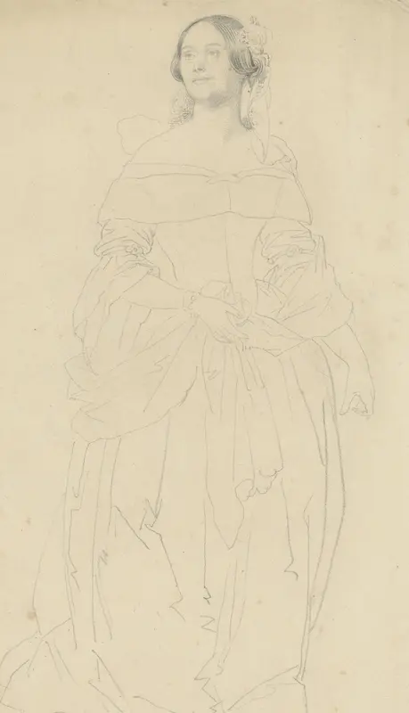 Madame Foy, staande in avondtoilet