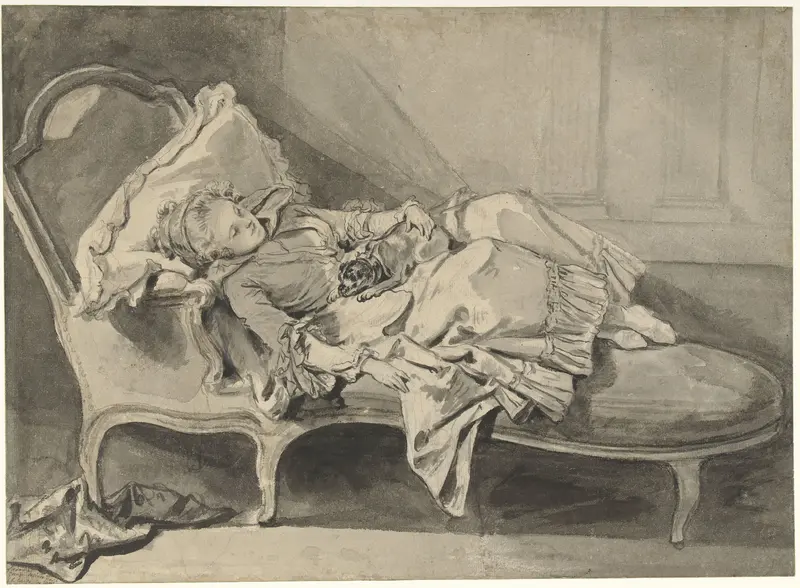 Madame Greuze op een chaise-longue met haar hondje Wall Art by Jean-Baptiste Greuze - High-Resolution Digital Print