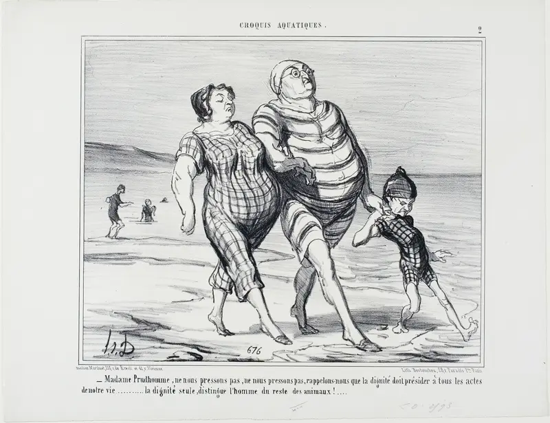 “- Madame Prudhomme, let's not hurry, let's recall that dignity should preside over all acts of life... dignity alone distinguishes man from the rest of the animals,” plate 2 from Croquis Aquatiques