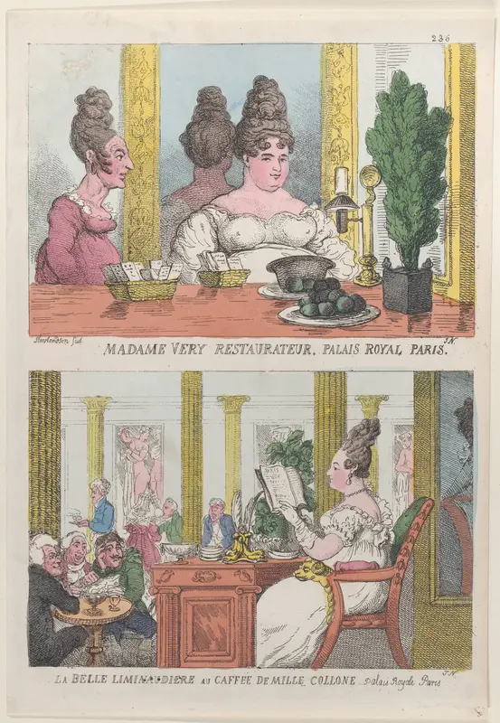 Madame Very Restauranteur, Palais Royal Paris and La Belle Liminaudiere au Caffee De Mille Collone, Palais Royale Paris Wall Art by Thomas Rowlandson - High-Resolution Digital Print