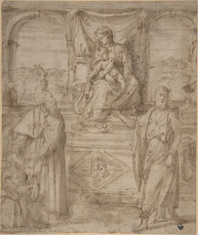 Madonna and Child Enthroned with Saint Basil the Great and Saint John the Baptist and Donor Wall Art by Niccolò dell' Abate - High-Resolution Digital Print