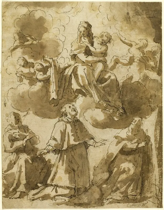 Madonna and Child in Glory, with Three Male Saints Below Wall Art by Francesco Vanni - High-Resolution Digital Print