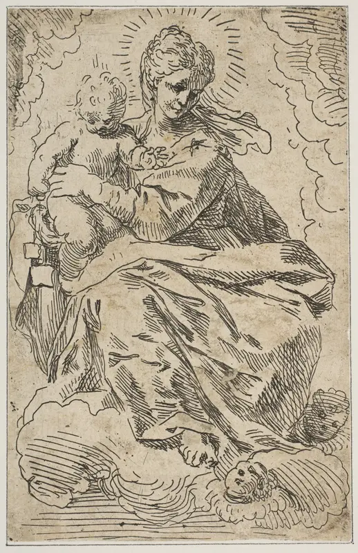 Madonna and child on clouds Wall Art by Simone Cantarini - High-Resolution Digital Print