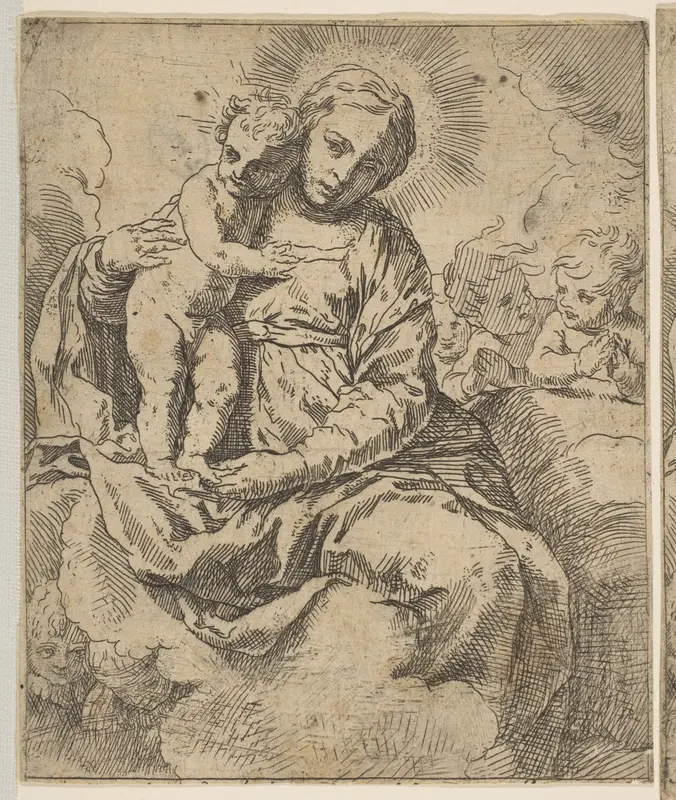 Madonna and Child seated on clouds and surrounded by angels, copy in reverse after Cantarini Wall Art by Simone Cantarini - High-Resolution Digital Print