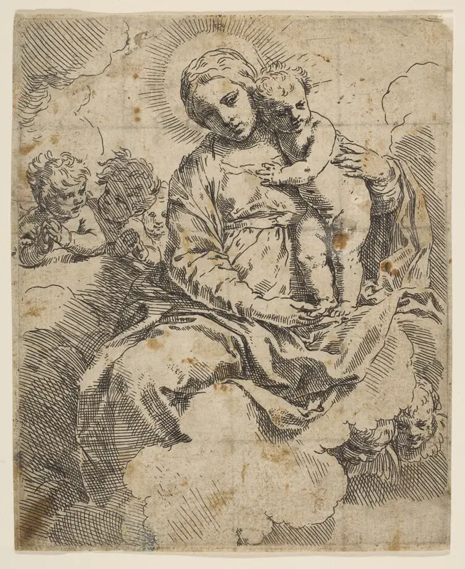 Madonna and Child seated on clouds and surrounded by angels Wall Art by Simone Cantarini - High-Resolution Digital Print