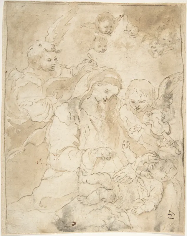 Madonna and Child with Angels Playing Lute and Viola da Braccio Wall Art by Anonymous, Spanish, School of Seville, 17th century - High-Resolution Digital Print