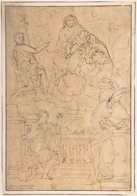 Madonna and Child with Saint John the Baptist and three other Saints Wall Art by Anonymous, Italian, Roman-Bolognese, 17th century - High-Resolution Digital Print