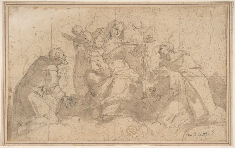 Madonna and Child with Saints and Angels Wall Art by Anonymous, Italian, Roman-Bolognese, 17th century - High-Resolution Digital Print