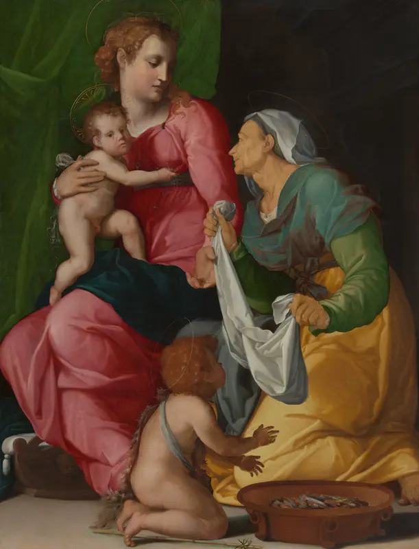 Madonna and Child with Saints Elizabeth and John the Baptist Wall Art by Jacopino del Conte - High-Resolution Digital Print