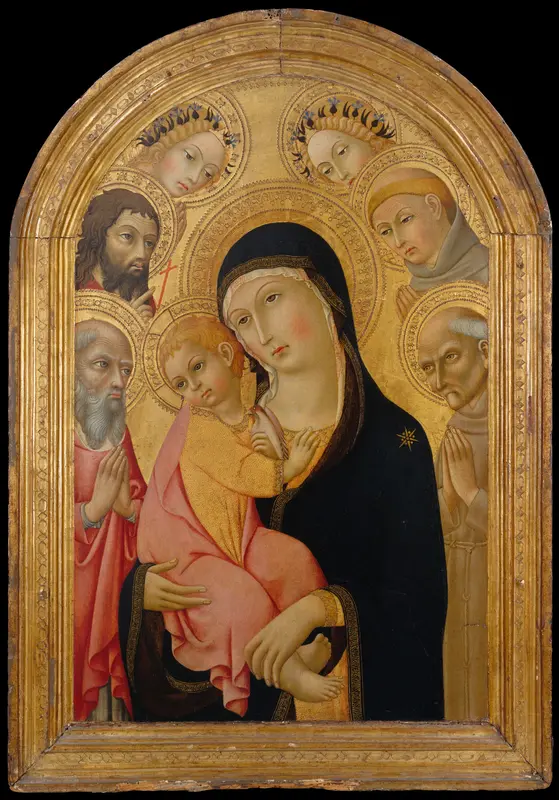 Madonna and Child with Saints Jerome, Bernardino, John the Baptist, and Anthony of Padua and Two Angels Wall Art by Sano di Pietro (Ansano di Pietro di Mencio) - High-Resolution Digital Print