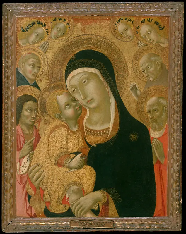 Madonna and Child with Saints John the Baptist, Jerome, Peter Martyr, and Bernardino and Four Angels Wall Art by Sano di Pietro (Ansano di Pietro di Mencio) - High-Resolution Digital Print