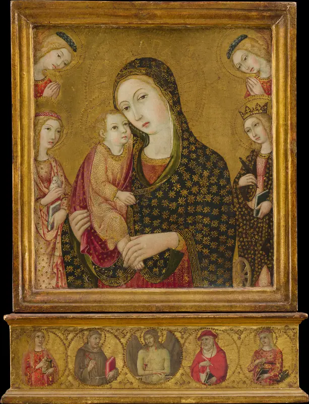 Madonna and Child with the Dead Christ, Saints Agnes and Catherine of Alexandria, and Two Angels Wall Art by Sano di Pietro (Ansano di Pietro di Mencio) - High-Resolution Digital Print