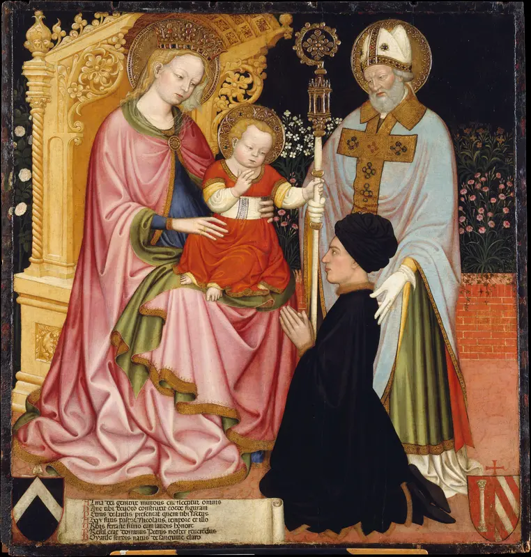 Madonna and Child with the Donor, Pietro de' Lardi, Presented by Saint Nicholas Wall Art by Master G.Z. (possibly Michele dai Carri, Italian, Ferrara, active by 1405–died 1441 Ferrara) - High-Resolution Digital Print