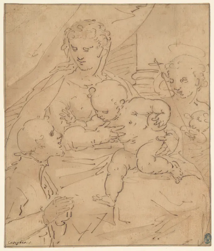 Madonna and Child with the Young Saint John the Baptist and a Donor Wall Art by Workshop of Cambiaso - High-Resolution Digital Print