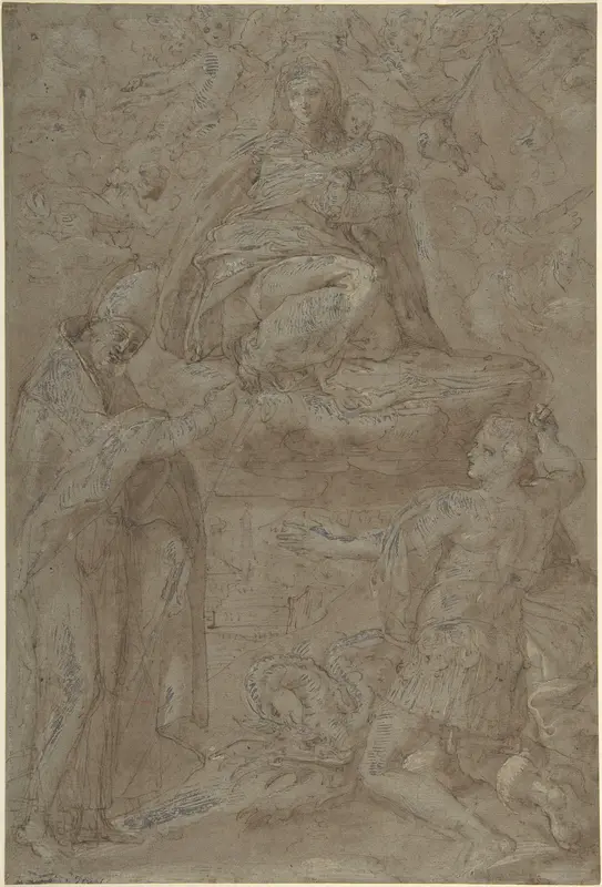 Madonna in Glory with Two Saints Wall Art by Anonymous, Italian, late 16th century - High-Resolution Digital Print
