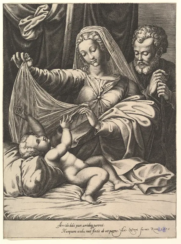 Madonna of Loreto, the Virgin lifts a veil above the Child, who lies on a bed and pillow, Joseph stands behind with both hands on his staff Wall Art by Giorgio Ghisi - High-Resolution Digital Print