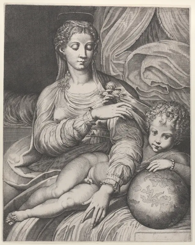 Madonna of the Rose, she reaches for a rose held by the Christ child, who rests his left arm on a globe Wall Art by Domenico Tibaldi - High-Resolution Digital Print