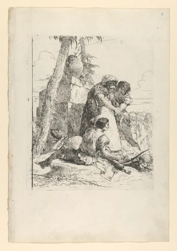 Magician pointing out a burning head to two youths, from the Scherzi Wall Art by Giovanni Battista Tiepolo - High-Resolution Digital Print
