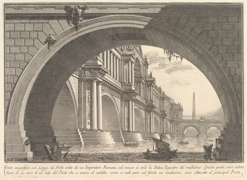 Magnificent bridge with loggias, and arches erected by a Roman Emperor... (Ponte magnfiico con Logge, ed Archi erretto da un Imperatore Romane...), from "Prima Parte di Architettura, e Prospettive"
