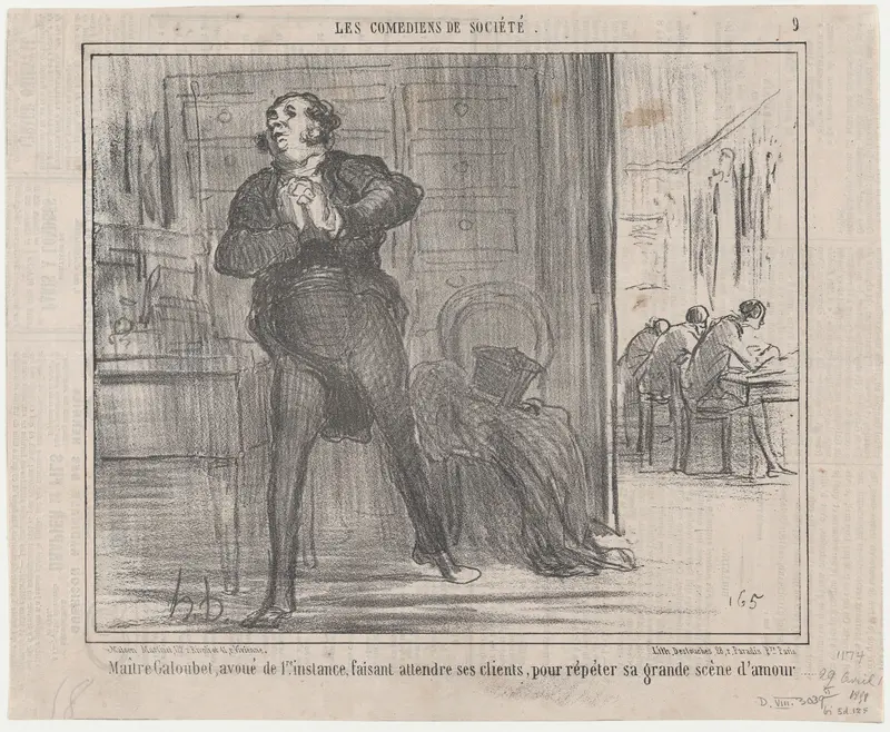 Maître Galoubet, avoué de 1re. instance, faisant attendre ses clients, pour répéter sa grande scène d'amour..., from Les Comédiens de Société, published in Le Charivari, April 29, 1858 Wall Art by Honoré Daumier - High-Resolution Digital Print