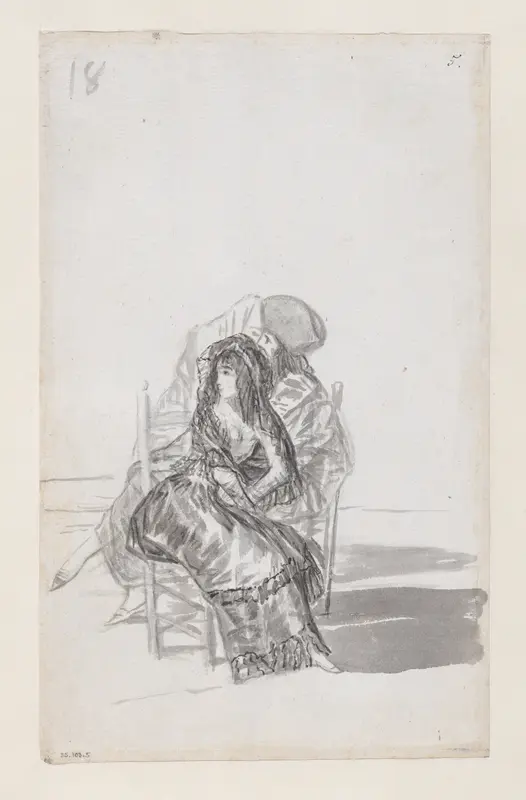 Maja seated on a chair and two companions behind; folio 18 (verso) from the Madrid Album "B"