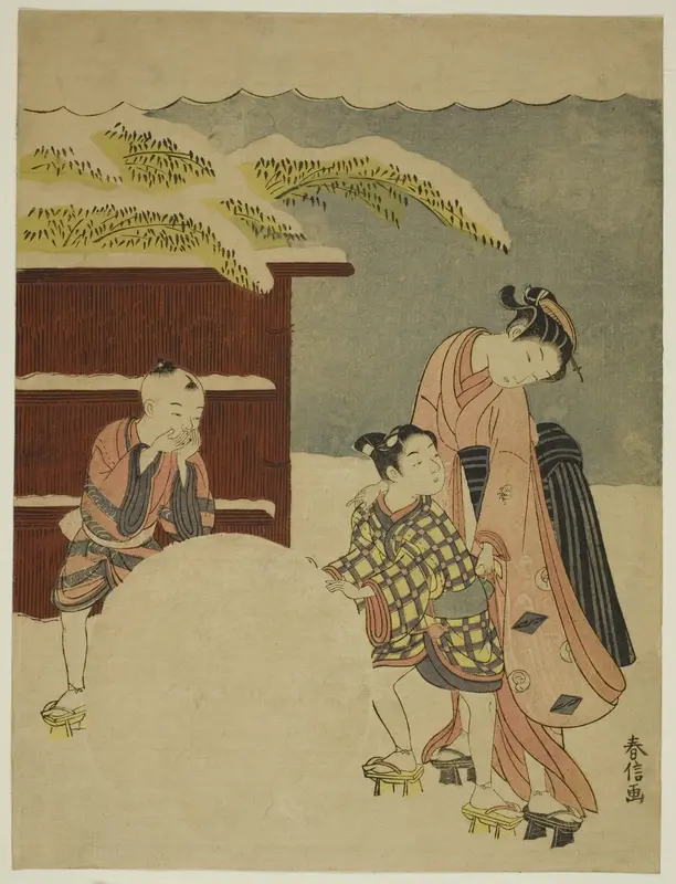 Making a Giant Snowball Wall Art by Suzuki Harunobu - High-Resolution Digital Print