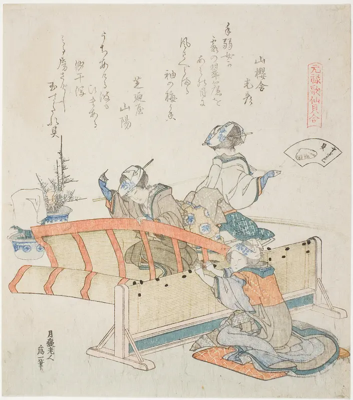 Making Bamboo Blinds, illustration for The Bamboo-Blind Shell (Sudare-gai), from the series "A Matching Game with Genroku-period Poem Shells (Genroku kasen kai awase)" Wall Art by Katsushika Hokusai - High-Resolution Digital Print