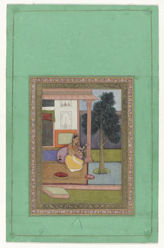 Malavashri ragini, knielende vrouw met Lotusbloem voor een huis Wall Art by anonymous - High-Resolution Digital Print