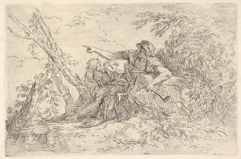 Male figure holding a flute reclining on a rock and pointing over the heads of two children, from "The Triton Group" Wall Art by Salvator Rosa - High-Resolution Digital Print