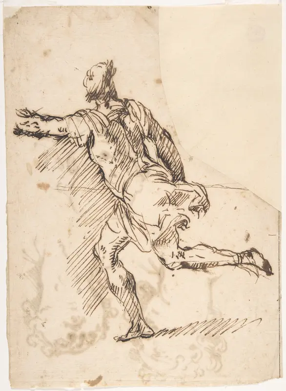 Male Figure Running (recto); Three Pen Studies of Male Heads (verso) Wall Art by Micco Spadaro (Domenico Gargiulo) - High-Resolution Digital Print