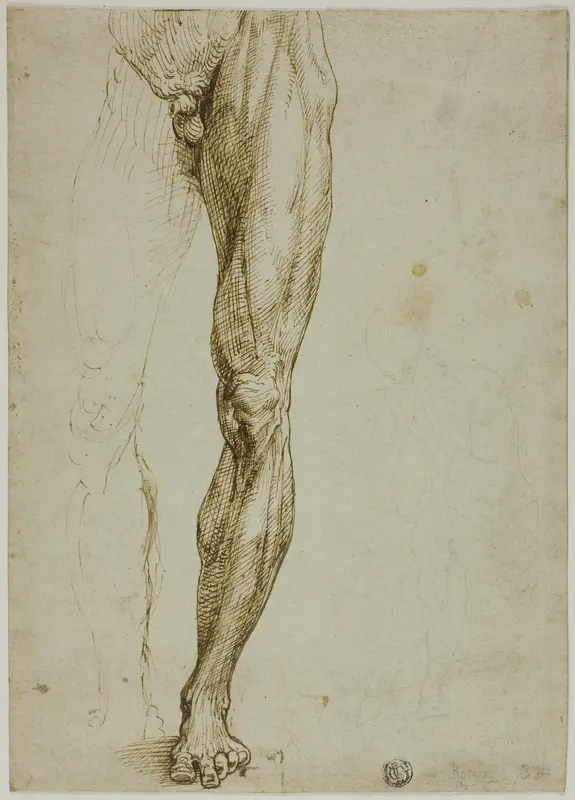 Male Figure Study, with Slight Sketch of Seated Figure Wall Art by Follower of Michelangelo Buonarroti - High-Resolution Digital Print