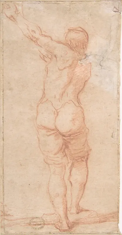 Male Figure with Arms Raised to the Left Seen From the Rear (recto); Male Figures with Arms Raised to the Left (front view of figure on recto) (verso) Wall Art by Anonymous, Italian, Bolognese, 17th century - High-Resolution Digital Print