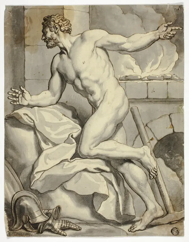 Male Nude Kneeling beside a Furnace (Vulcan?), with Helmet and Metal Gloves on Floor