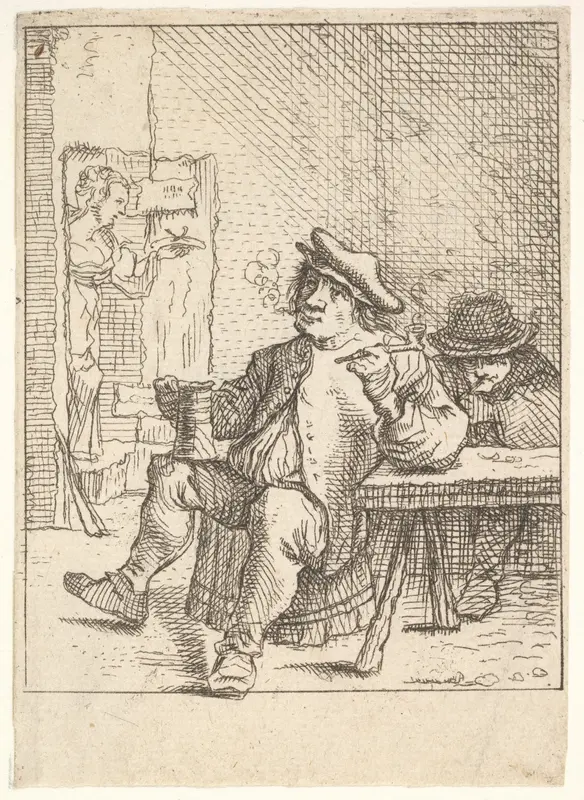 Male peasant smoking a pipe and holding a drinking cup, his left elbow resting on a table, another man seated at the table, a waitress walking through a doorway beyond Wall Art by David Teniers the Younger - High-Resolution Digital Print