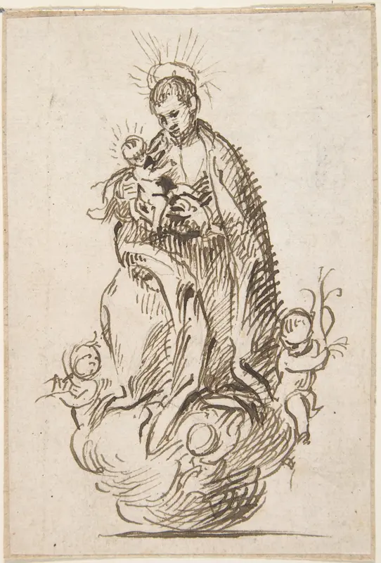 Male Saint (Stanisław Kostka?) standing on clouds supported by putti, holding infant Christ Wall Art by Pedro Duque Cornejo - High-Resolution Digital Print