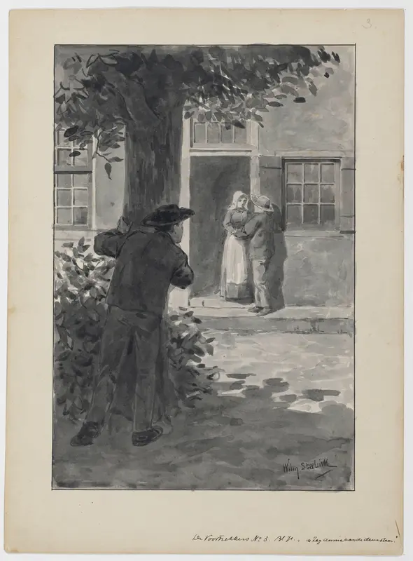 Man achter een boom, een paar mensen bespiedend Wall Art by Unknown - High-Resolution Digital Print