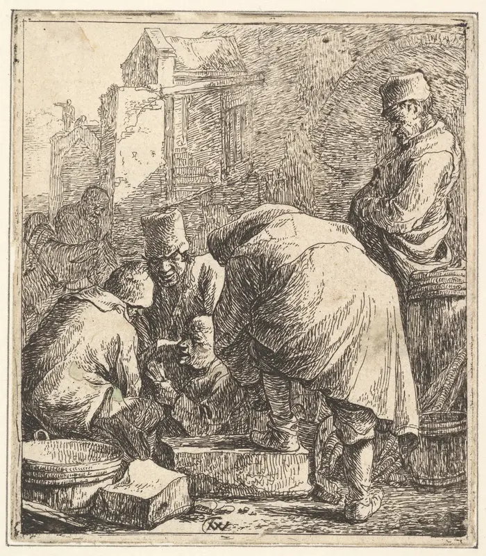 Man Adjusting His Footwear, at Left Three Men Playing Cards Wall Art by Thomas Wijck - High-Resolution Digital Print