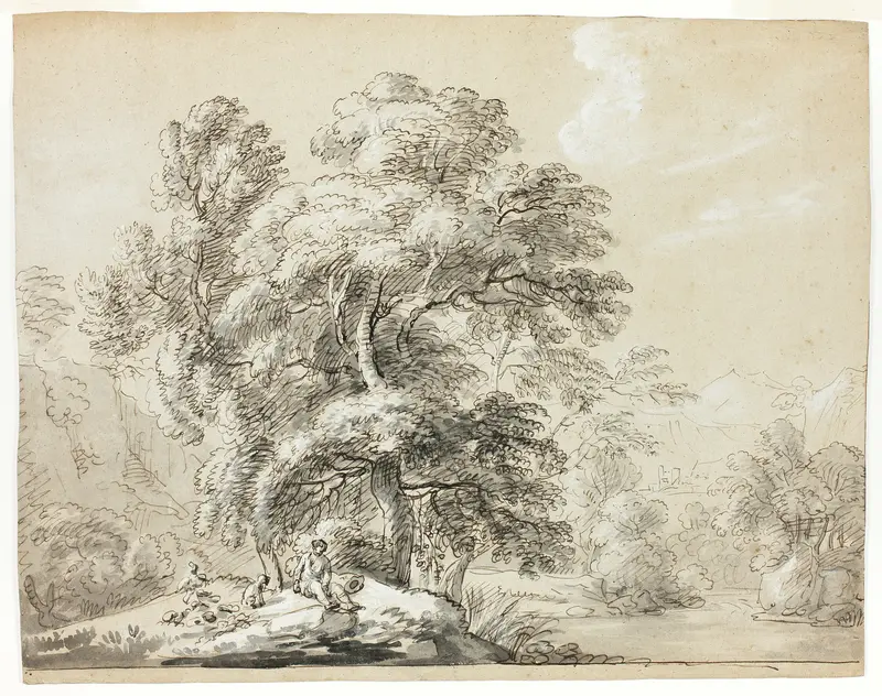 Man and Dog Seated Below Trees by River Wall Art by Paul Sandby - High-Resolution Digital Print
