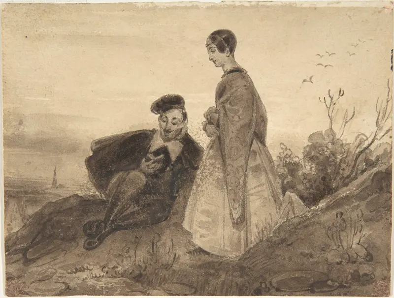 Man and woman in a landscape (Faust and Marguerite) Wall Art by Richard Parkes Bonington - High-Resolution Digital Print