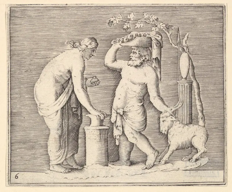 Man and Woman Sacrificing a Goat, from "Ex Antiquis Cameorum et Gemmae Delineata/ Liber Secundus/et ab Enea Vico Parmen Incis" Wall Art by Anonymous, Italian, 16th century - High-Resolution Digital Print