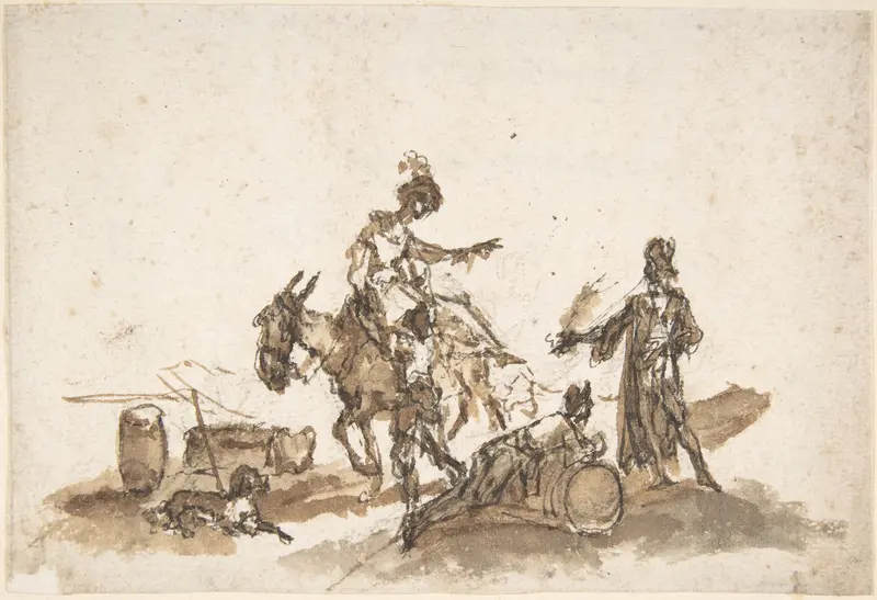 Man Assisting a Woman to Mount a Horse, with Two Other Figures and a Dog Wall Art by Giuseppe Bernardino Bison - High-Resolution Digital Print