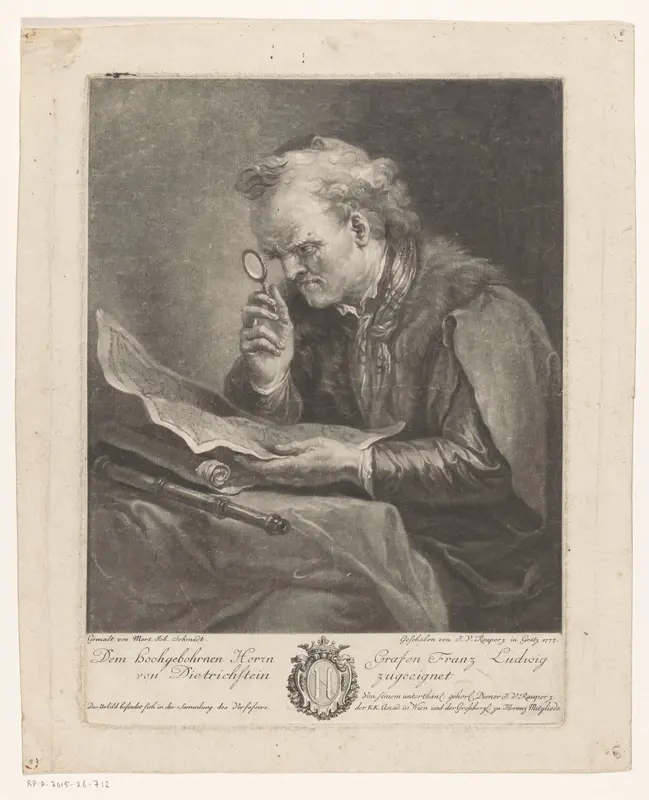 Man bestudeert een kaart met een vergrootglas Wall Art by Unknown - High-Resolution Digital Print