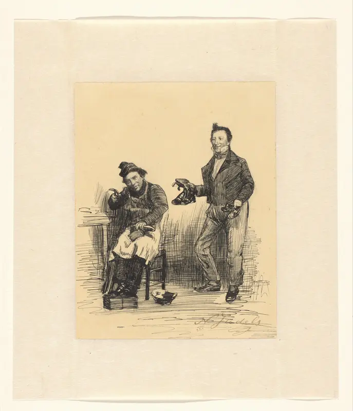 Man brengt twee paar schoenen naar schoenmaker Wall Art by Unknown - High-Resolution Digital Print
