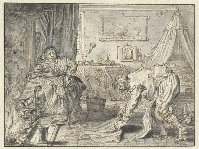 Man Cleaning the Floor while his Wife Sits by the Hearth Wall Art by Adriaen Pietersz van de Venne - High-Resolution Digital Print