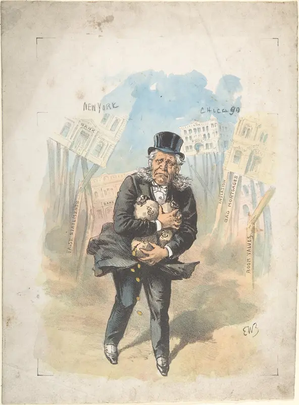 Man Clutching Moneybags While Banks Collapse Wall Art by Emmanuel Wyttenbach - High-Resolution Digital Print