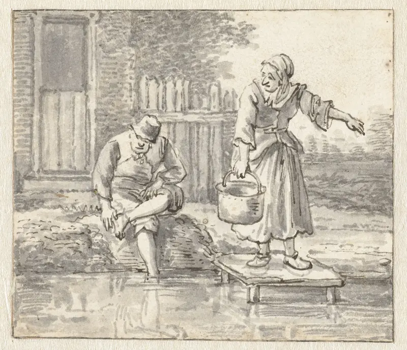 Man die zijn voeten wast en een vrouw met een ketel Wall Art by Unknown - High-Resolution Digital Print
