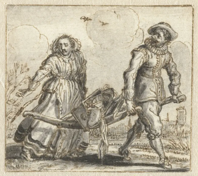 Man en een vrouw dragen huisraad op een berrie Wall Art by Adriaen Pietersz van de Venne - High-Resolution Digital Print